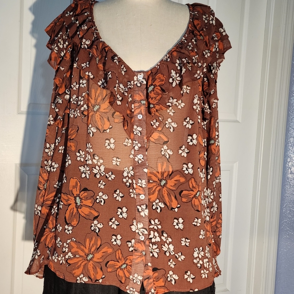 Free People Brown And Rusty Orange Ruffled Button… - image 1